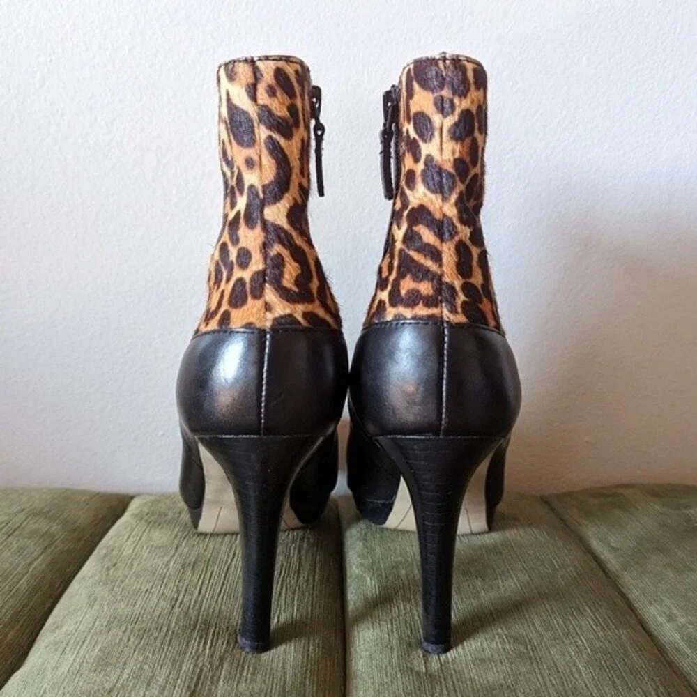 Tahari Serena Genuine Black Leather Calf Hair Leopard Print Fur Booties
